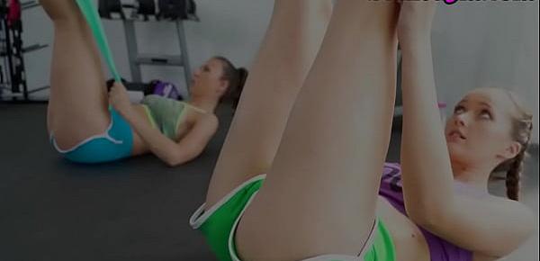  Gym lesbians pussylicking and fingering in trio